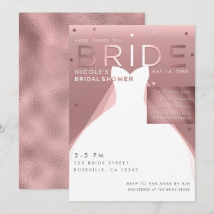 Hier kommt die Braut Rose Gold Glam Chic Brautpart Einladung