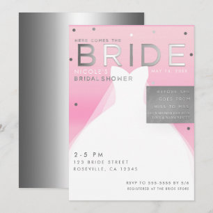 Hier kommt die Braut Silver & Pink Chic Brautparty Einladung