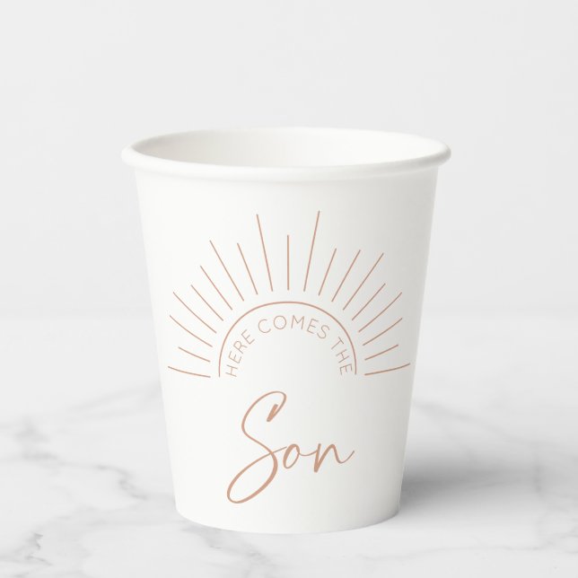 Hier kommt die moderne Babydusche Son Boho Pappbecher (Vorderseite)