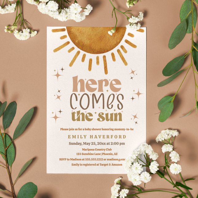 Hier kommt die neutrale Babydusche des Sun Boho Ge Einladung (Von Creator hochgeladen)