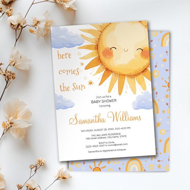Hier kommt die niedliche Sonnendusche-Einladung Einladung (Here comes the Sun watercolor cute baby shower invitation )
