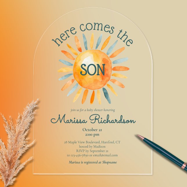 Hier kommt die Son Baby Boy Dusche Acryleinladungen (Here comes the son baby boy shower clear acrylic invitation, boho retro watercolor sun, cute)