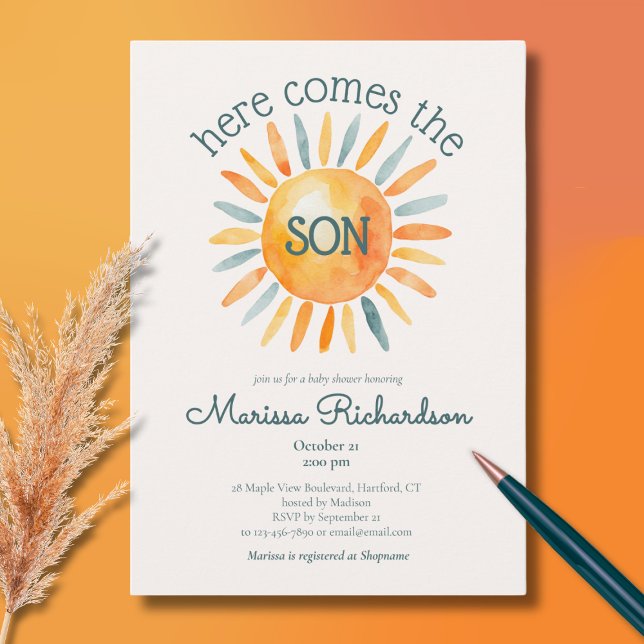 Hier kommt die Son Baby Boy Dusche Einladung (here comes the son baby boy shower invitation, cute retro watercolor sun ray of sunshine)