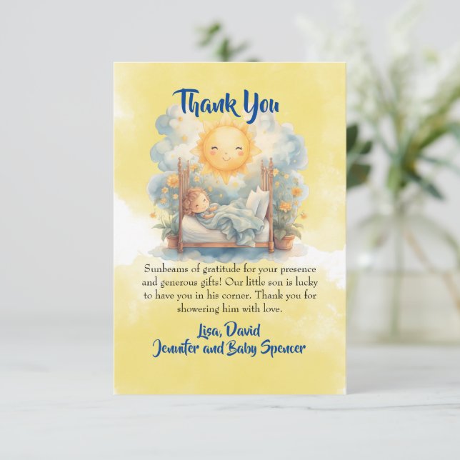 Hier kommt die Son Baby Dusche DANK YOU Card Einladung (Stehend Vorderseite)