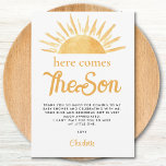 Hier kommt die Son Baby Dusche Danke<br><div class="desc">Die Babydusche mit dem Thema "Here Comes The Son" ist mit dem Text "Here Comes The Son" in stilvoller Typografie mit gelber Aquarellsonne ausgestattet. Einfach anpassbar. Die Rückseite ist mit einem Sonnenmuster dekoriert. Original Wasserfarbe © Michele Davies.</div>