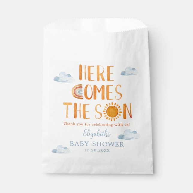 Hier kommt die Son Baby Dusche Danke Geschenktütchen (Vorderseite)
