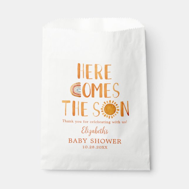 Hier kommt die Son Baby Dusche Danke Geschenktütchen (Vorderseite)