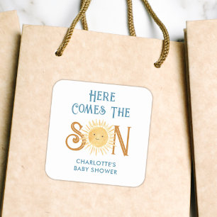 Hier kommt die Son Baby Dusche Quadratischer Aufkleber