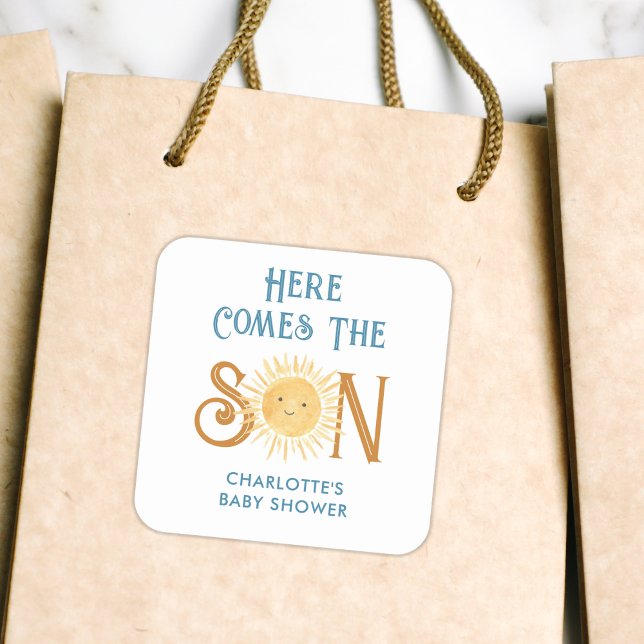 Hier kommt die Son Baby Dusche Quadratischer Aufkleber (Von Creator hochgeladen)