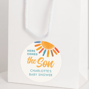 Hier kommt die Son Baby Dusche Runder Aufkleber