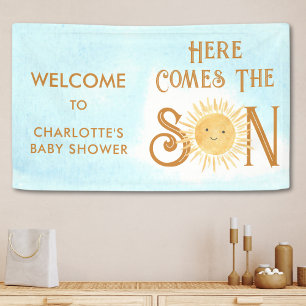 Hier kommt die Son Blue Sky Baby Dusche Empfang Banner