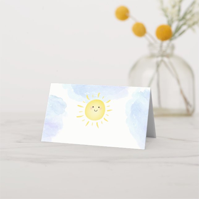 Hier kommt die Son Blue Sunshine Baby Dusche Platzkarte (Vorderseite)