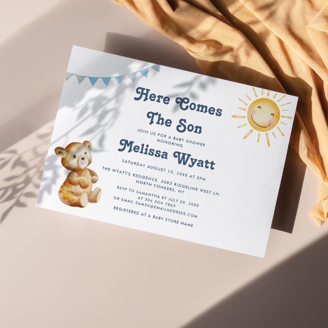 Hier kommt die Son Boho Bärenjunge Babydusche Einladung (Boho Bear and Sun Baby Shower Invitation)