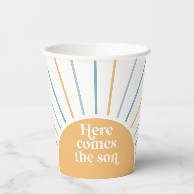 Hier kommt die Son Boho Sunshine Blue Baby Dusche Pappbecher (Links)