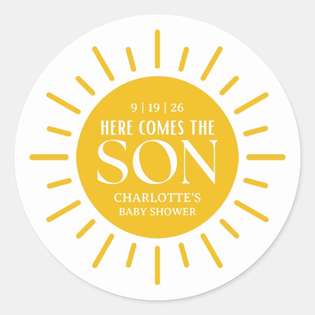 Hier kommt die Son Boy Baby Dusche Runder Aufkleber (Vorderseite)