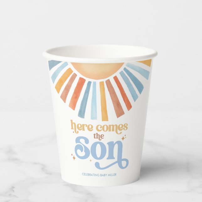 Hier kommt die son Custom Text Boho Baby Dusche Pappbecher (Vorderseite)