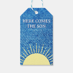 Hier kommt die Son Denim Baby Dusche nach Maß Geschenkanhänger