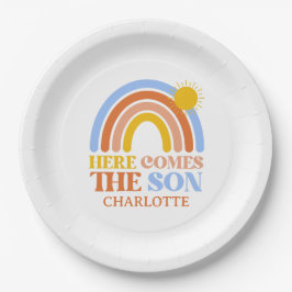 Hier kommt die Son Rainbow Boy Baby Dusche Pappteller