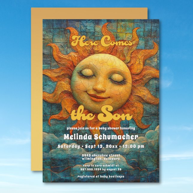 Hier kommt die Son Retro Celestial Baby Dusche Einladung (Here Comes the Son Retro Celestial Baby Shower Invitation)