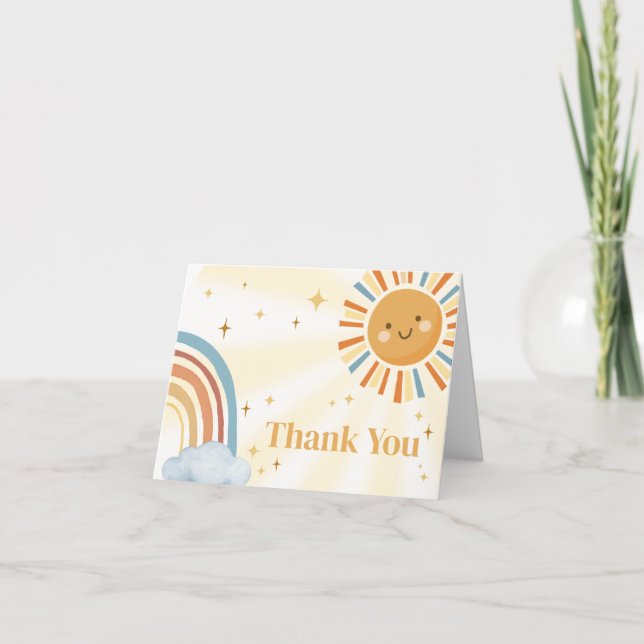 Hier kommt die Son Retro Sunshine Baby Dusche Dankeskarte (Vorderseite)