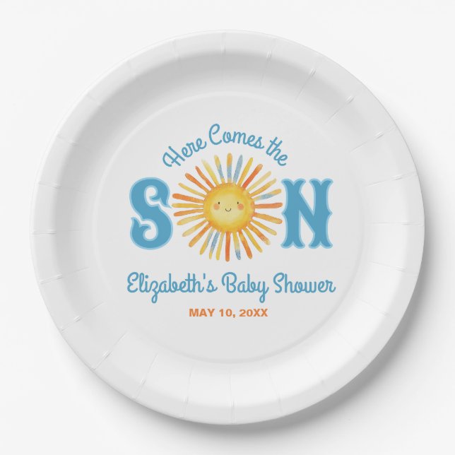 Hier kommt die Son Sunshine Baby Dusche Pappteller (Vorderseite)