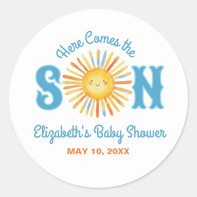 Hier kommt die Son Sunshine Baby Dusche Runder Aufkleber (Vorderseite)