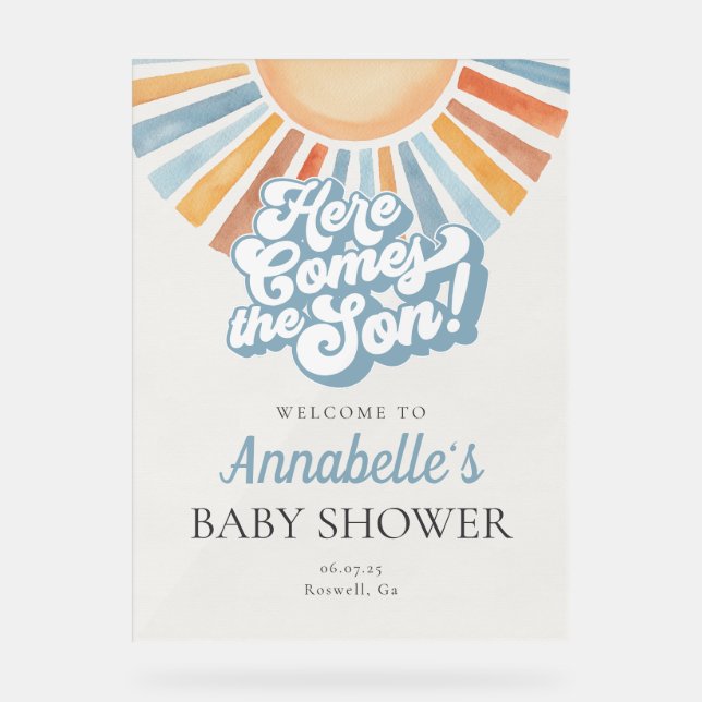 Hier kommt die Son Sunshine Baby Dusche Willkommen Acrylschild (Vorderseite)