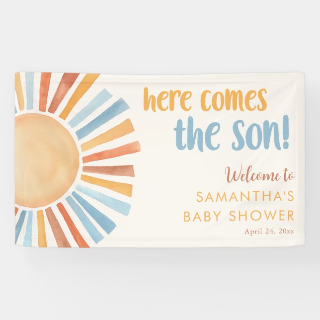 Hier kommt die SON Sunshine Boho Babydusche Banner (Horizontal)