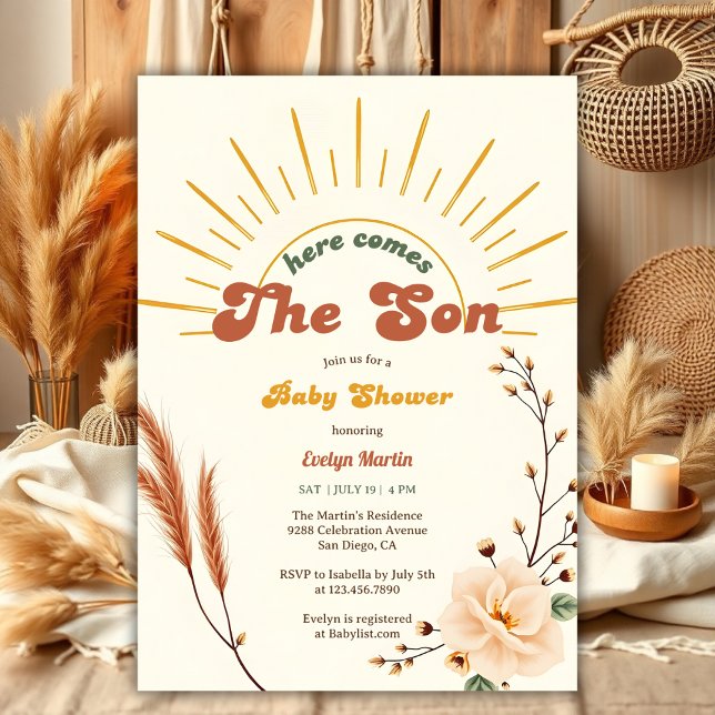 Hier kommt die Son Sunshine Boho Boy Baby Dusche Einladung (Here Comes The Son Sunshine Boho Boy Baby Shower Invitation)