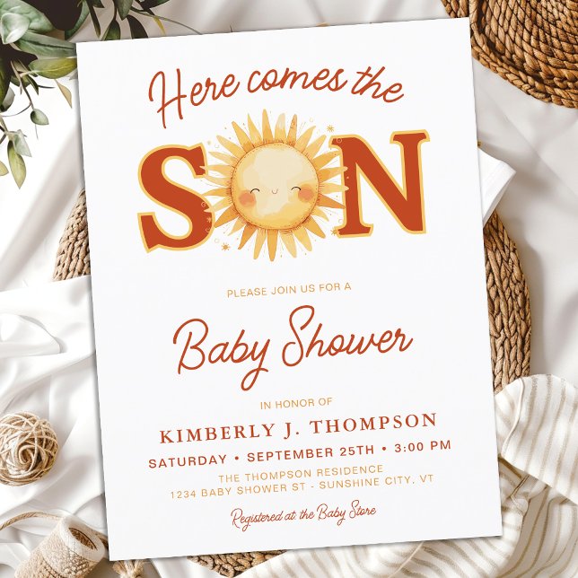 Hier kommt die Son Sunshine Boho Boy Baby Dusche Einladungspostkarte (Von Creator hochgeladen)