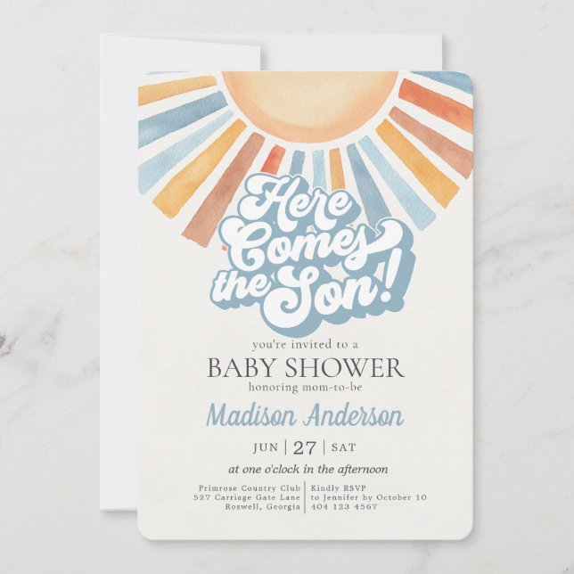 Hier kommt die Son Sunshine Boy Baby Dusche Einladung (Vorderseite)