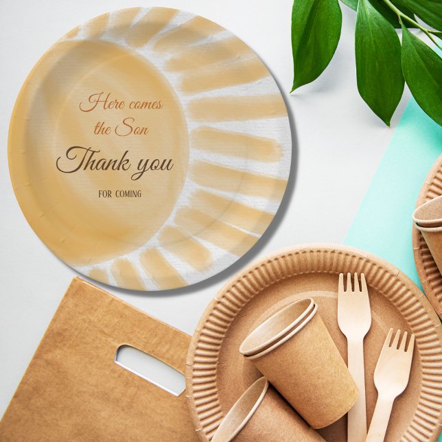 Hier kommt die Son Sunshine Yellow Ray Baby Dusche Pappteller (Von Creator hochgeladen)