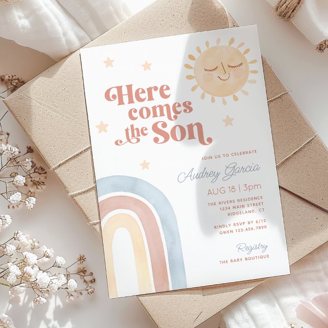 Hier kommt die Son Watercolor Boho Babydusche Einladung (Here Comes the Son Watercolor Boho Baby Shower Invitation)