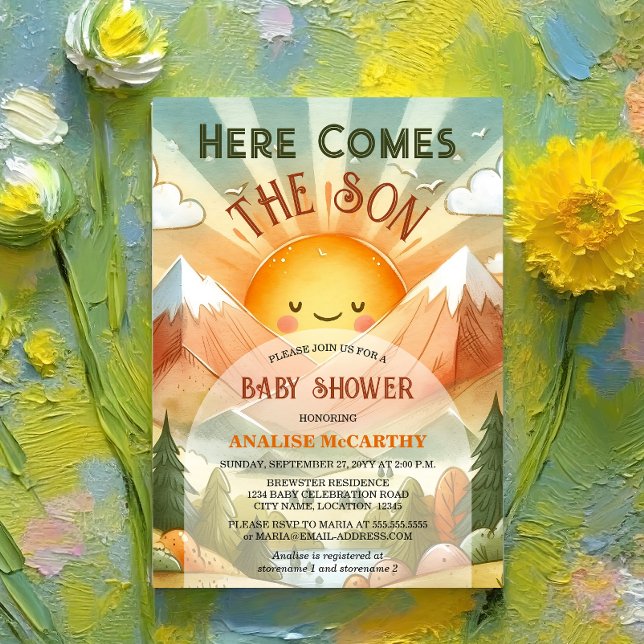 Hier kommt die Sonnenschirm-Babydusche Einladung (Celebrate the birth of your son by inviting your baby shower guests with this retro and fun invite.)