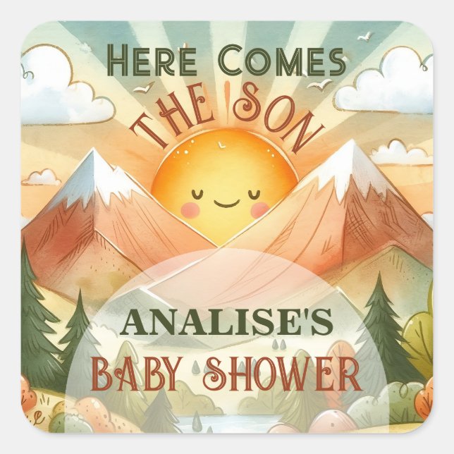 Hier kommt die Sonnenschirm-Babydusche Quadratischer Aufkleber (Vorderseite)