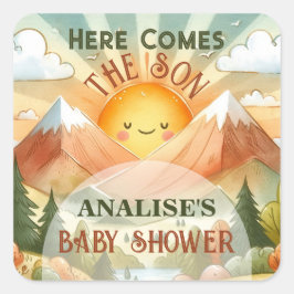 Hier kommt die Sonnenschirm-Babydusche Quadratischer Aufkleber