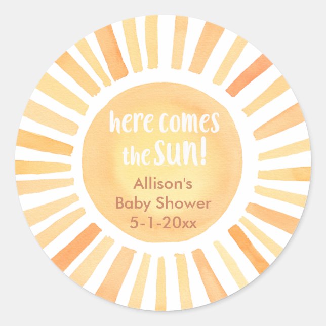 Hier kommt die sonnige Babydusche Runder Aufkleber (Vorderseite)