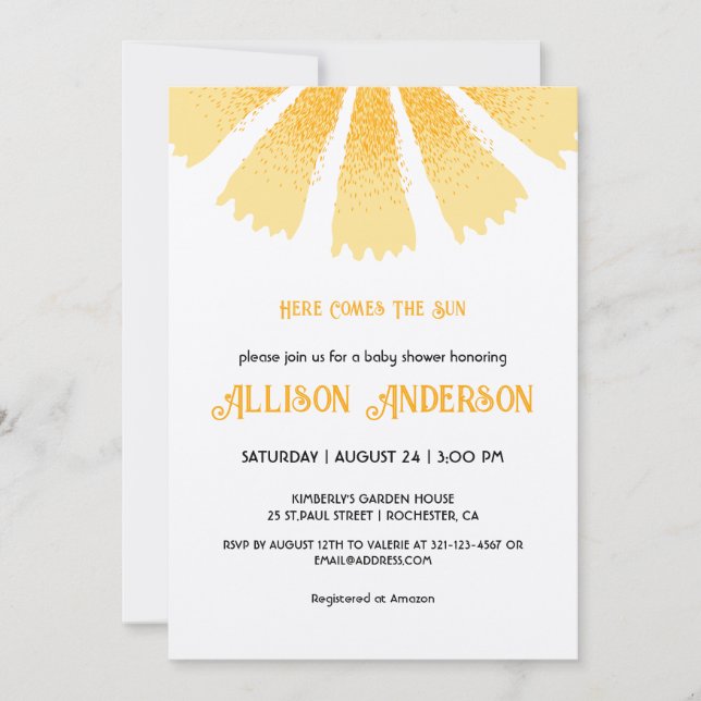 Hier kommt die Sun Baby Dusche Einladung (Vorderseite)