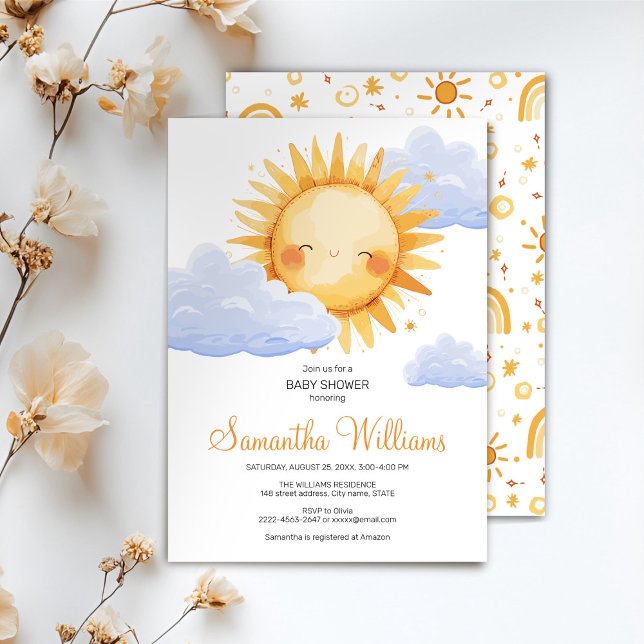 Hier kommt die Sun Baby Dusche Einladung (Here comes the Sun watercolor cute baby shower invitation )