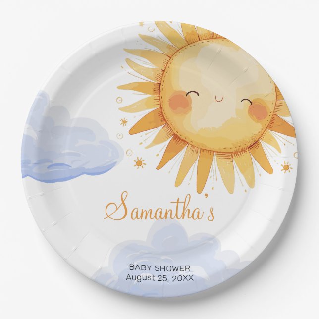 Hier kommt die Sun Baby Dusche Pappteller (Vorderseite)