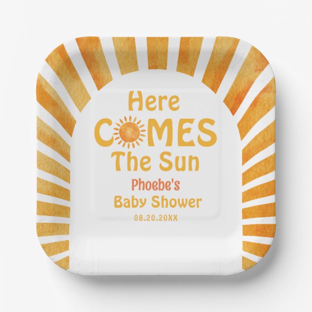 Hier kommt die Sun Boho Retro Sunshine Baby Dusche Pappteller (Vorderseite)