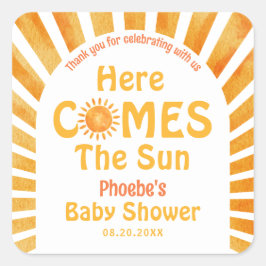 Hier kommt die Sun Retro Baby Dusche Danke Quadratischer Aufkleber