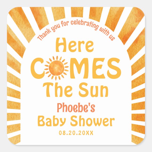 Hier kommt die Sun Retro Baby Dusche Danke Quadratischer Aufkleber (Vorderseite)