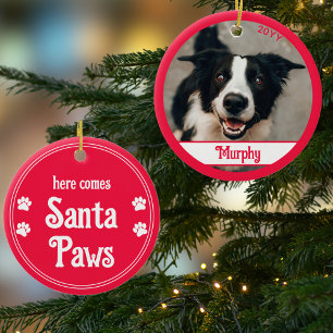 Hier kommt Santa Paws Hund Foto Rote Ornament