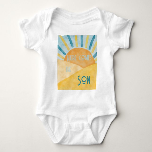 Hier kommt Son Sunshine Blue Ray Boy Baby Dusche Baby Strampler (Vorderseite)