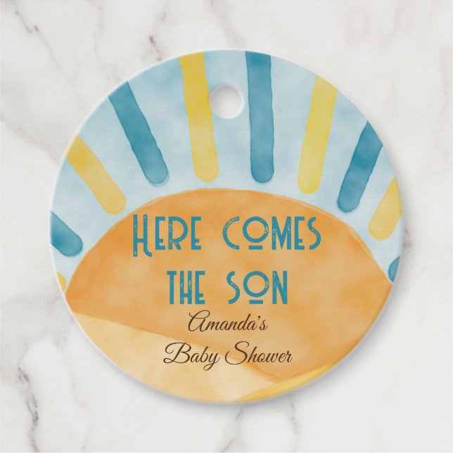 Hier kommt Sonnenschein Blue Ray Baby Duschgeschen Geschenkanhänger (Vorderseite)
