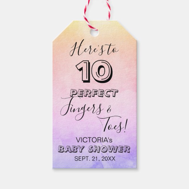 "Hier sind 10 perfekte Fingers & Toes" Babydusche Geschenkanhänger (Vorderseite)