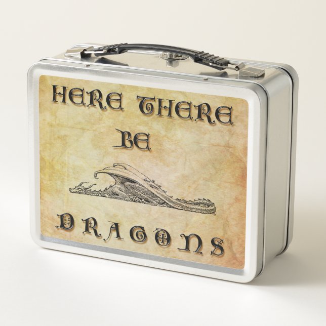 Hier sind Drachen Metall Brotdose (Rückseite)