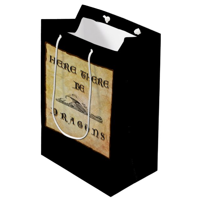 Hier sind Drachen Mittlere Geschenktüte (Vorderseite Schrägansicht)