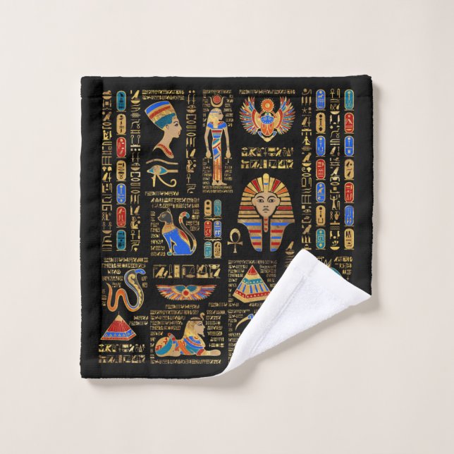 Hiéroglyphes et divinités égyptiens en noir (Gant de toilette)